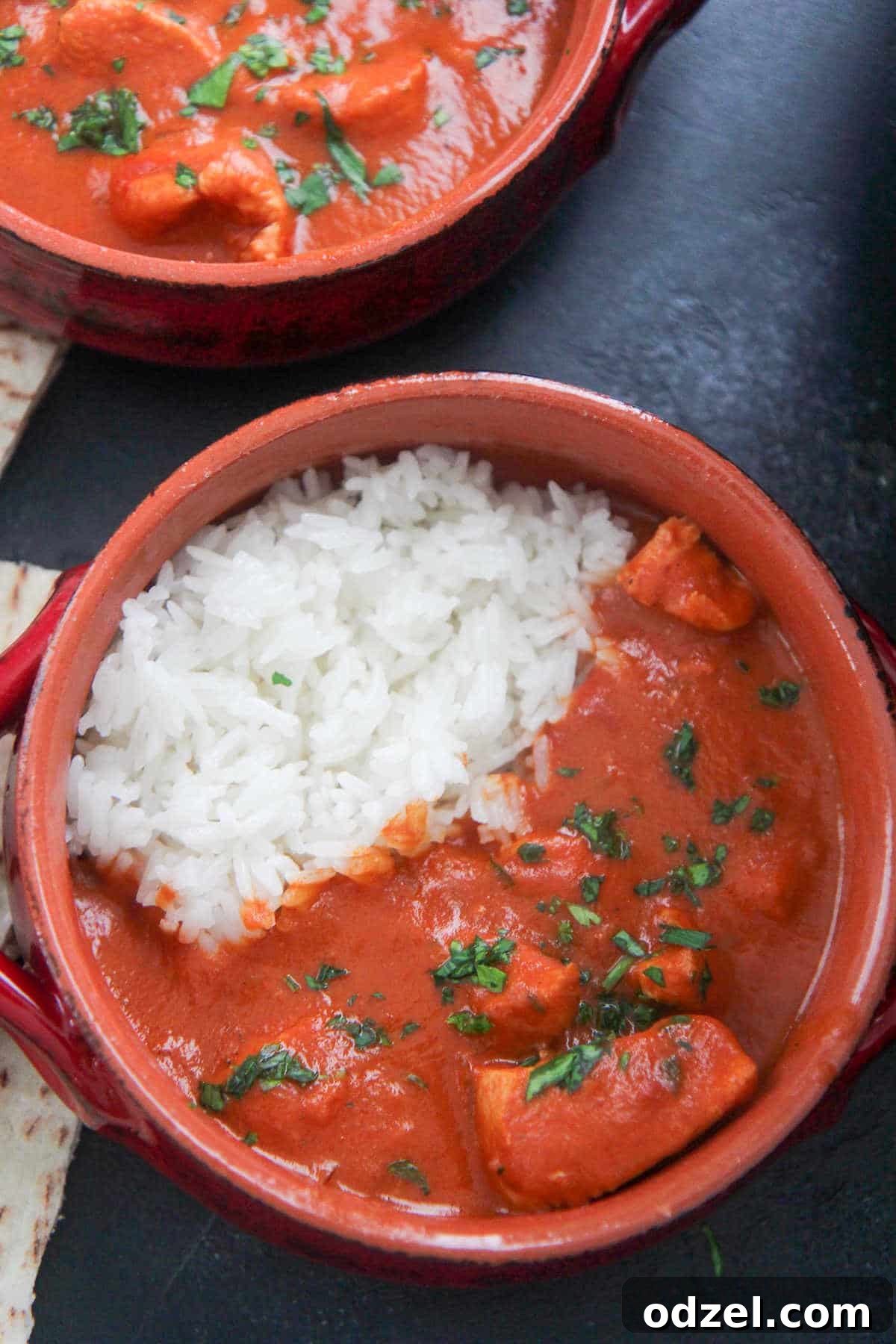 Creamy Instant Pot Butter Chicken in Minutes 2 Two small red bowls filled with creamy Instant Pot Butter Chicken and a side of white rice, garnished with fresh cilantro.