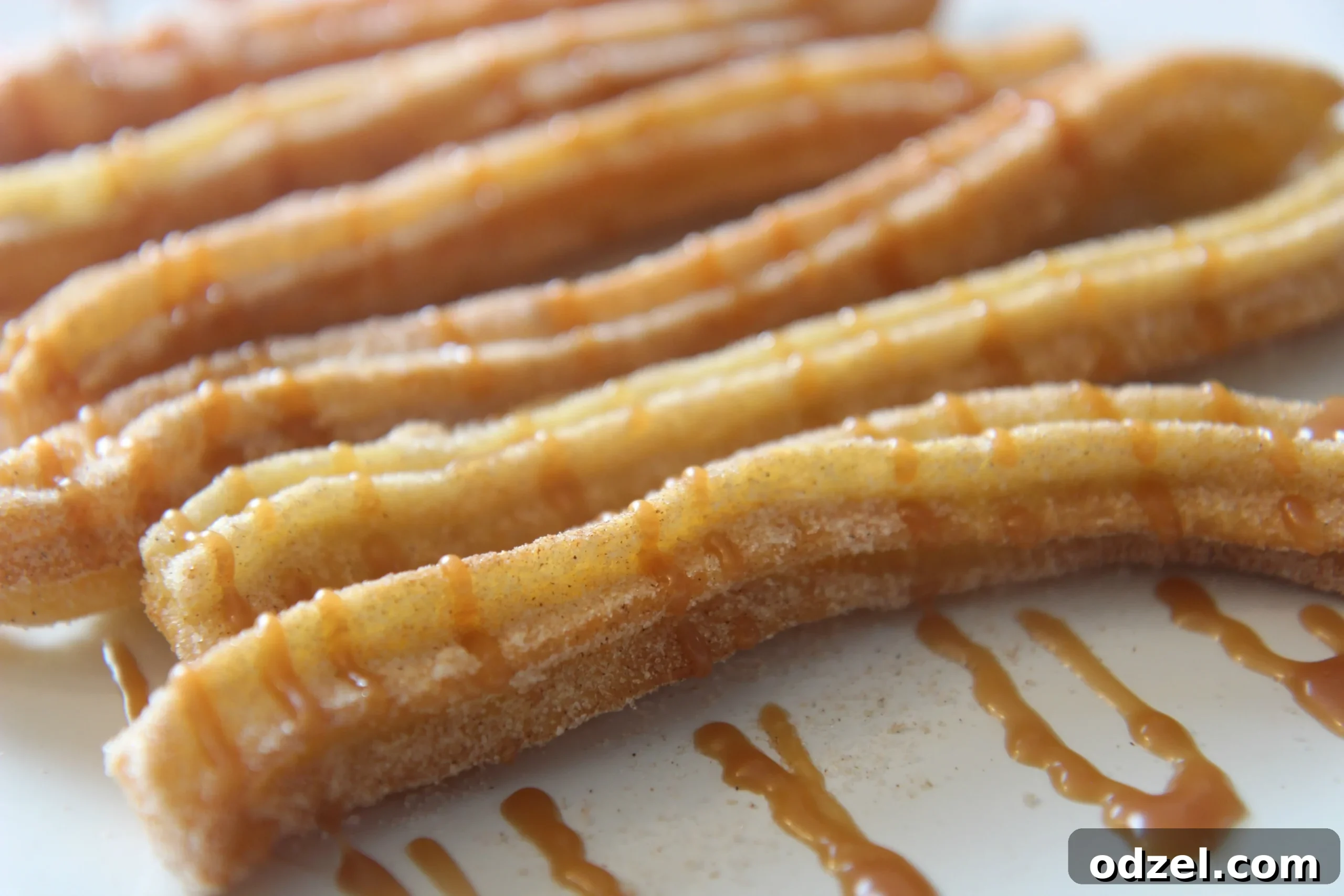 A plate of fried dough churros coated in cinnamon sugar, with a small bowl of rich caramel sauce for dipping.
