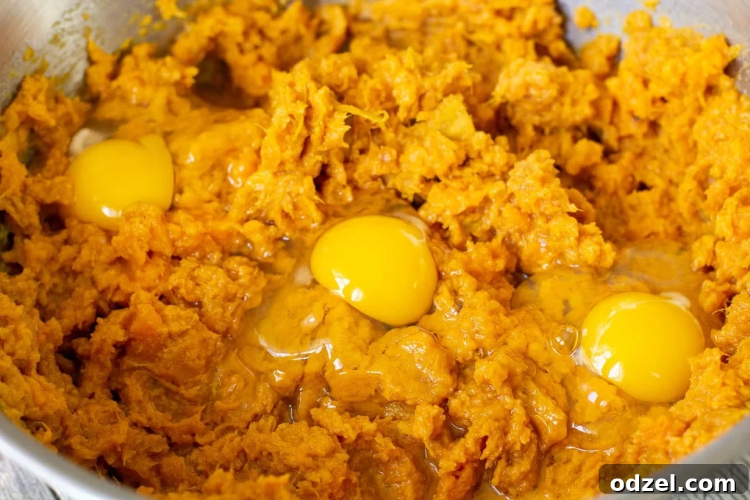 Golden Sweet Potato Bliss 5 Creamy mashed sweet potatoes with three eggs added, ready for blending