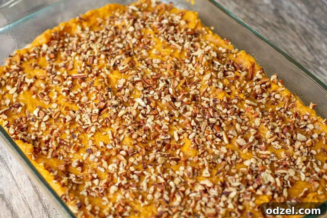 Golden Sweet Potato Bliss 7 Mashed sweet potatoes topped with a generous layer of crushed pecans in a glass baking dish