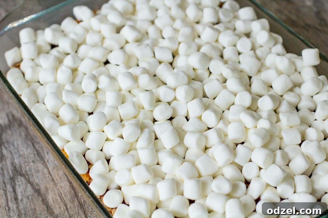 Golden Sweet Potato Bliss 8 Mini marshmallows covering the sweet potato casserole in a glass baking dish, ready for the oven