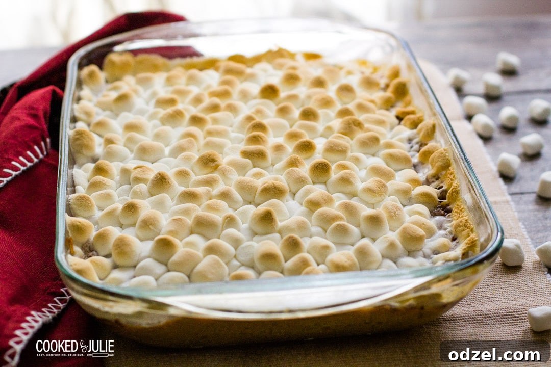 Golden Sweet Potato Bliss 9 Baked sweet potato casserole with beautifully toasted mini marshmallows in a glass baking dish, next to a red kitchen towel