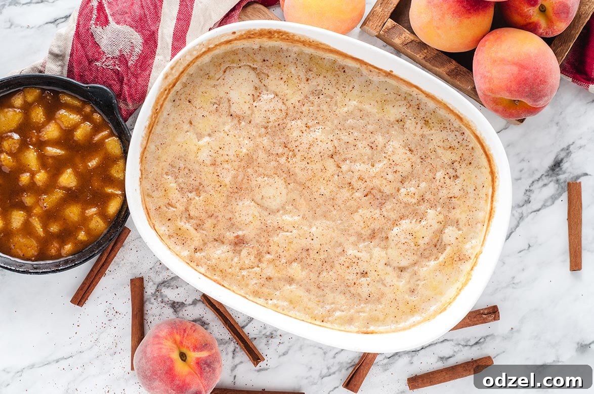 Sun-Kissed Peach Rice Pudding 3 Beautifully baked rice pudding garnished with cinnamon sticks and a small bowl of peach compote on the side
