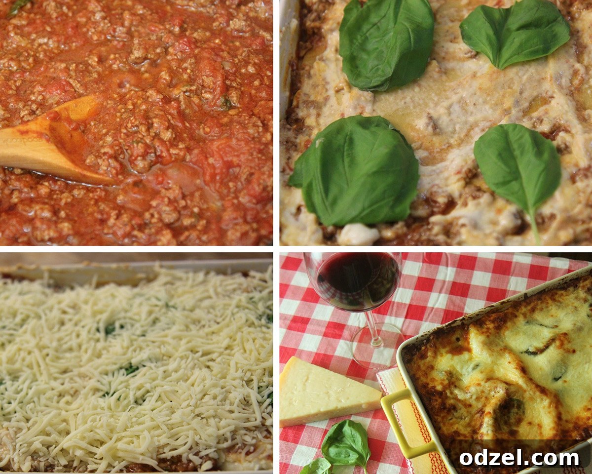 A collage of four enticing photos showcasing the making and serving of lasagna: rich meat sauce with a wooden spoon, fresh basil topping lasagna, shredded mozzarella cheese ready for baking, and a beautifully baked lasagna alongside a glass of red wine.