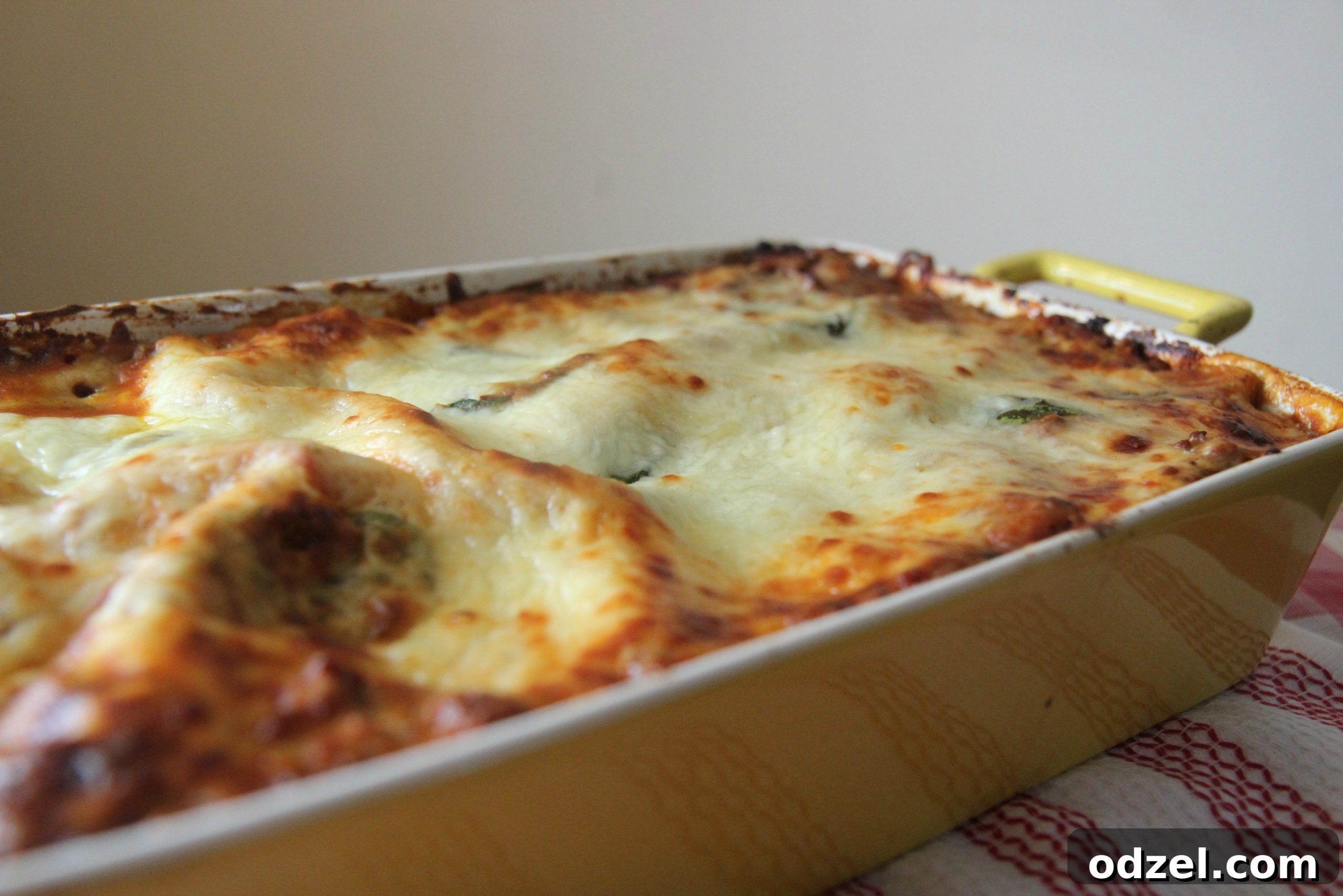 An appetizing close-up of The Ultimate Lasagna, perfectly baked with golden-brown, bubbling cheese and rich, visible layers, served in a ceramic casserole dish.