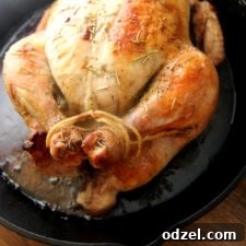A perfectly roasted chicken with crispy skin, garnished with fresh herbs.