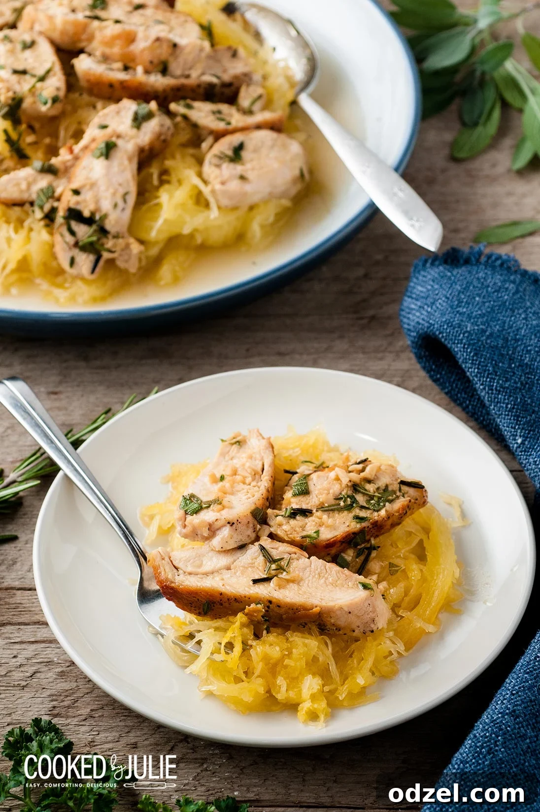 Savory Garlic Chicken with Spaghetti Squash 2 Spaghetti squash and sliced garlic Cajun chicken in a white bowl, ready to serve.