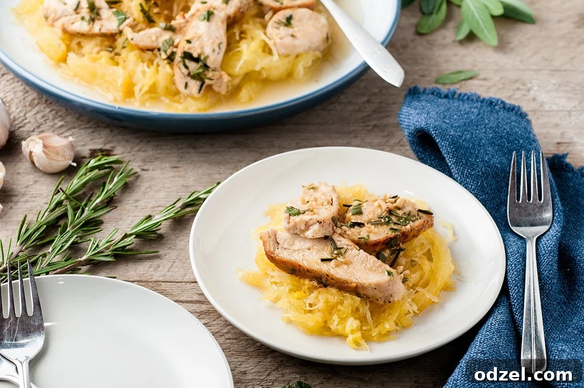 Savory Garlic Chicken with Spaghetti Squash 6 Plated spaghetti squash with garlic Cajun chicken, garnished with fresh herbs, ready to enjoy.