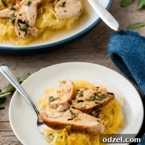Spaghetti squash and sliced chicken in a white bowl