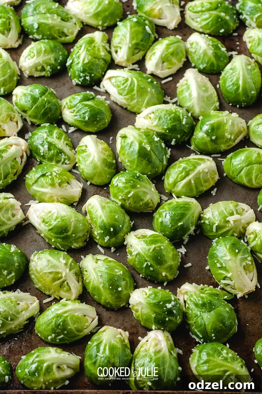 brussel sprouts on a baking sheet