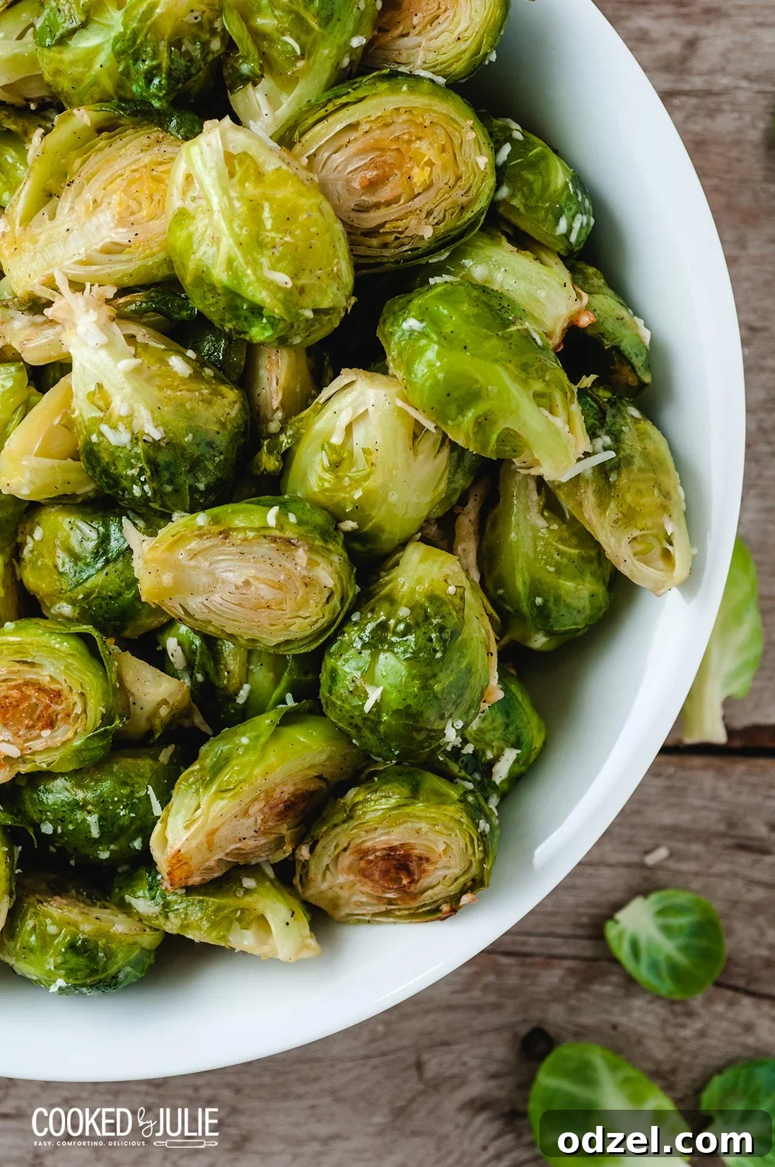 baked brussel spouts in a white bowl