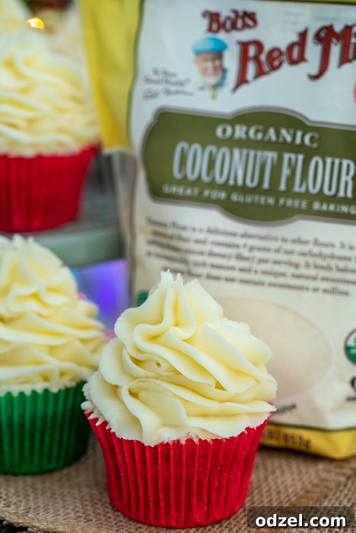 Cozy Gluten Free Gingerbread Cupcakes 4 A single gluten-free gingerbread cupcake next to a bag of Bob's Red Mill coconut flour, highlighting key ingredients