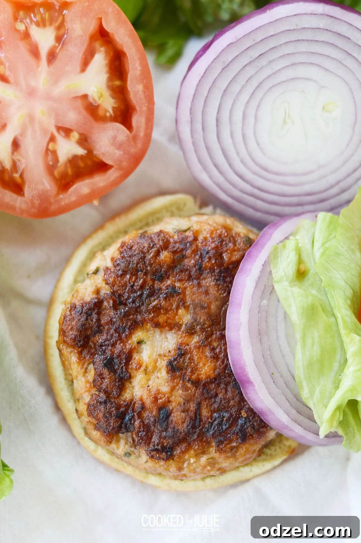 Zesty Salmon Burgers 2 Grilled salmon burger served on a bun with lettuce, tomato, and onions.