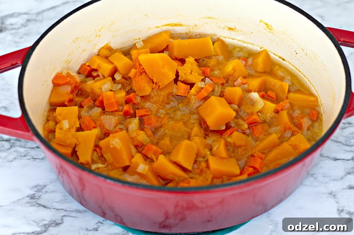 Fresh vegetables and chicken stock simmering in a red Dutch oven, ready to be blended into soup.