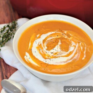 A beautiful bowl of roasted butternut squash soup, ready to be enjoyed.