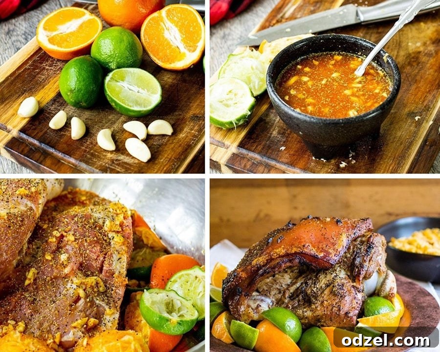 A step-by-step photo collage illustrating the Pernil recipe process, from marinating the pork shoulder to scoring the skin and preparing for roasting.