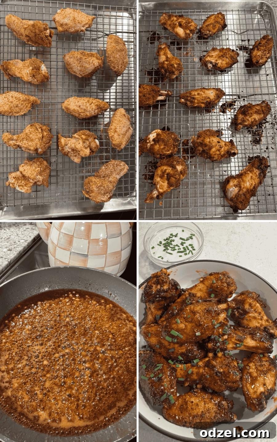 A four-photo collage illustrating the cooking process of honey harissa wings, from seasoning to saucing.