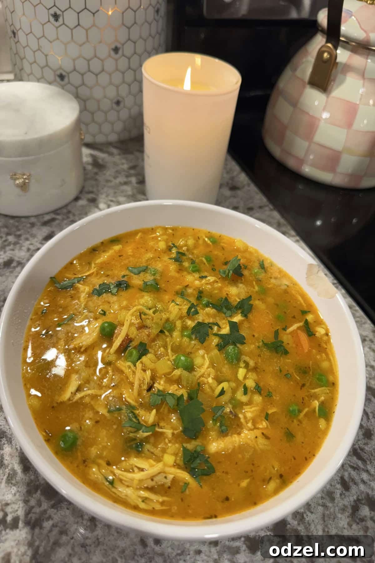 A steaming bowl of homemade chicken barley soup, garnished with fresh parsley, ready to be enjoyed.