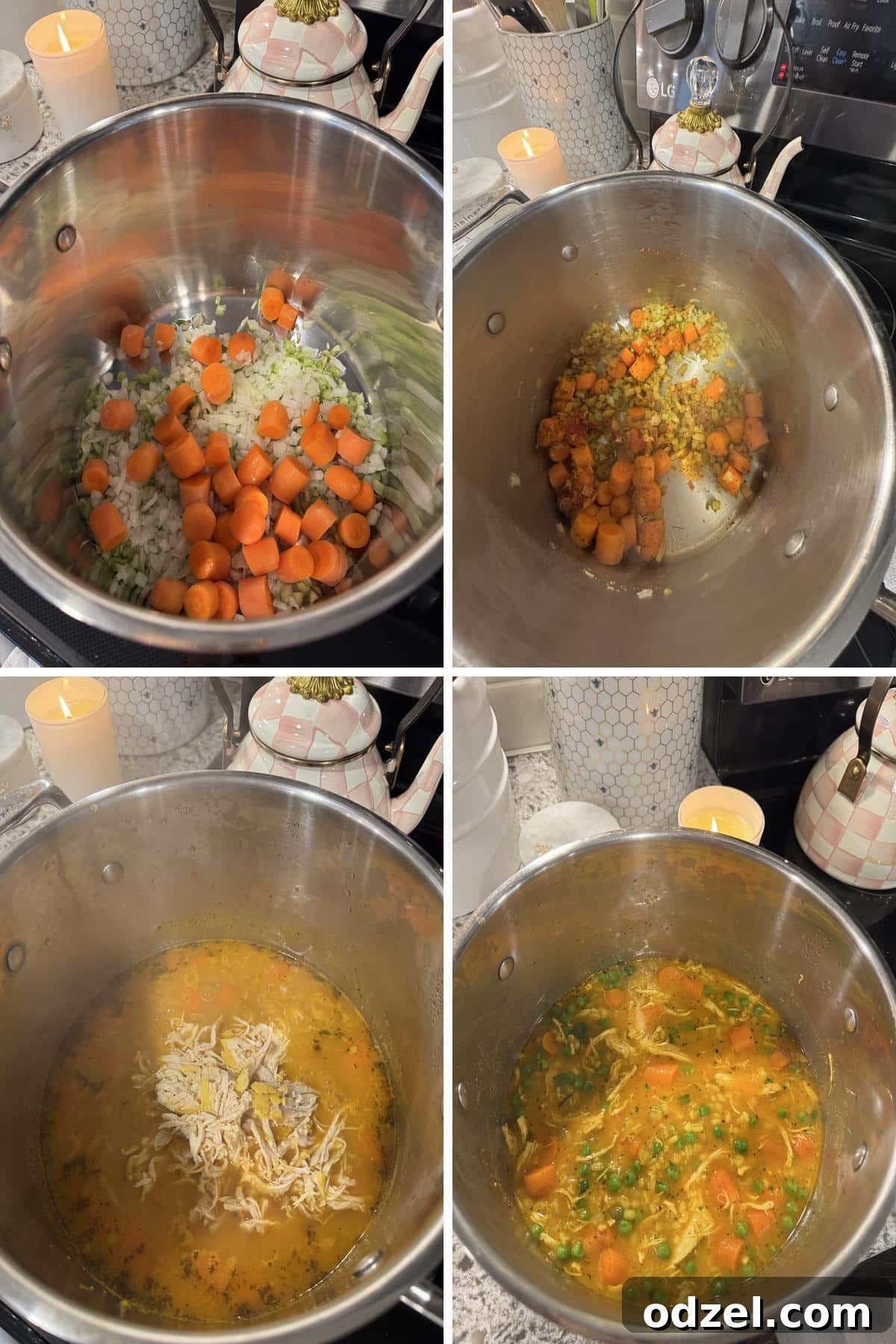 A four-panel photo collage illustrating the step-by-step process of cooking chicken barley soup, from sautéing vegetables to the finished dish.