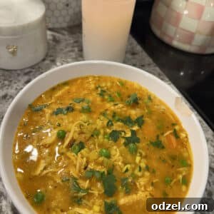 A close-up view of a bowl of chicken barley soup, garnished with fresh herbs, showcasing its rich texture and appealing warmth.