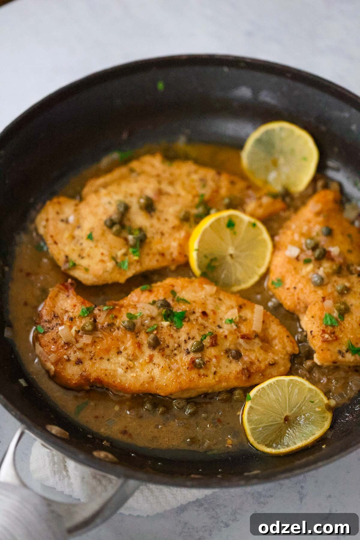 Chicken picatta in a skillet with lemon slices.