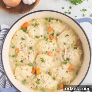A pot filled with chicken and dumplings with onions, parsley, and garlic on the side.