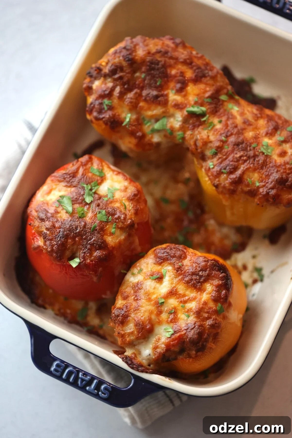 Savory Stuffed Bell Peppers 6 Four beautifully baked cheesy stuffed bell peppers, bursting with a flavorful beef, rice, and cheese filling.