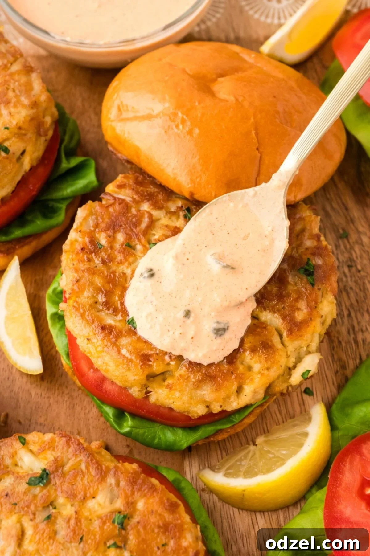 Crab cake sandwich with spoon pouring remoulade sauce on top. 