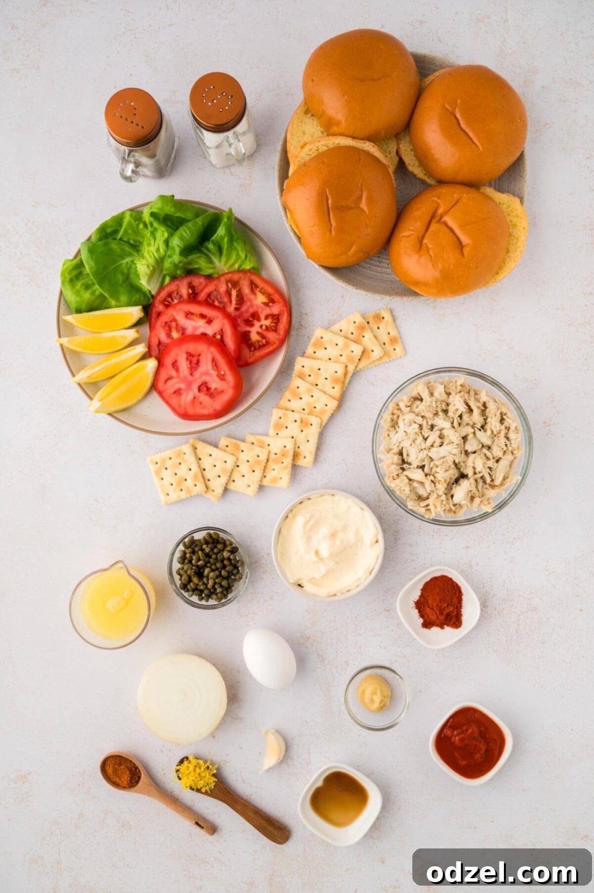 ingredients for crab cake sandwiches and remoulade sauce. 