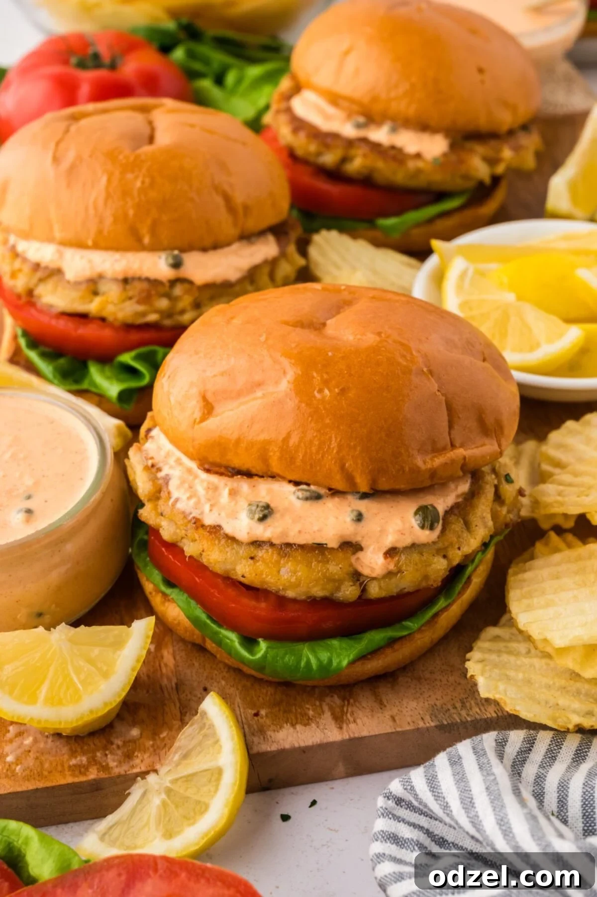 crab cake sandwiches with remoulade sauce, chips, and lemon on the side. 