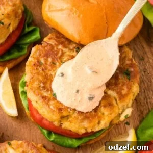 Crab cake sandwich with spoon pouring remoulade sauce on top.