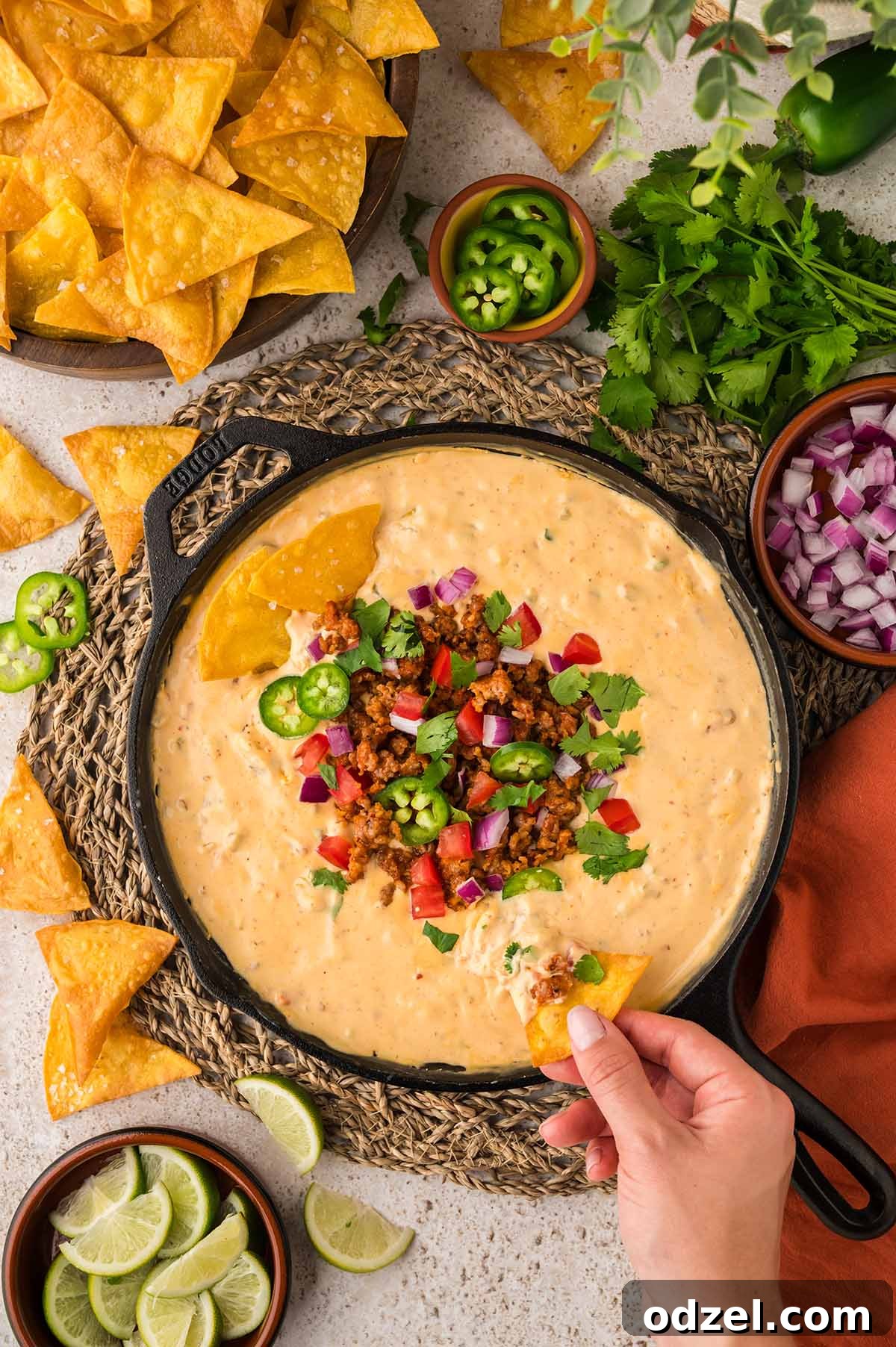 Melted Queso con Chorizo Dip Recipe for Parties 2 queso with chorizo, jalapeños, tomatoes, onions, and cilantro on top.