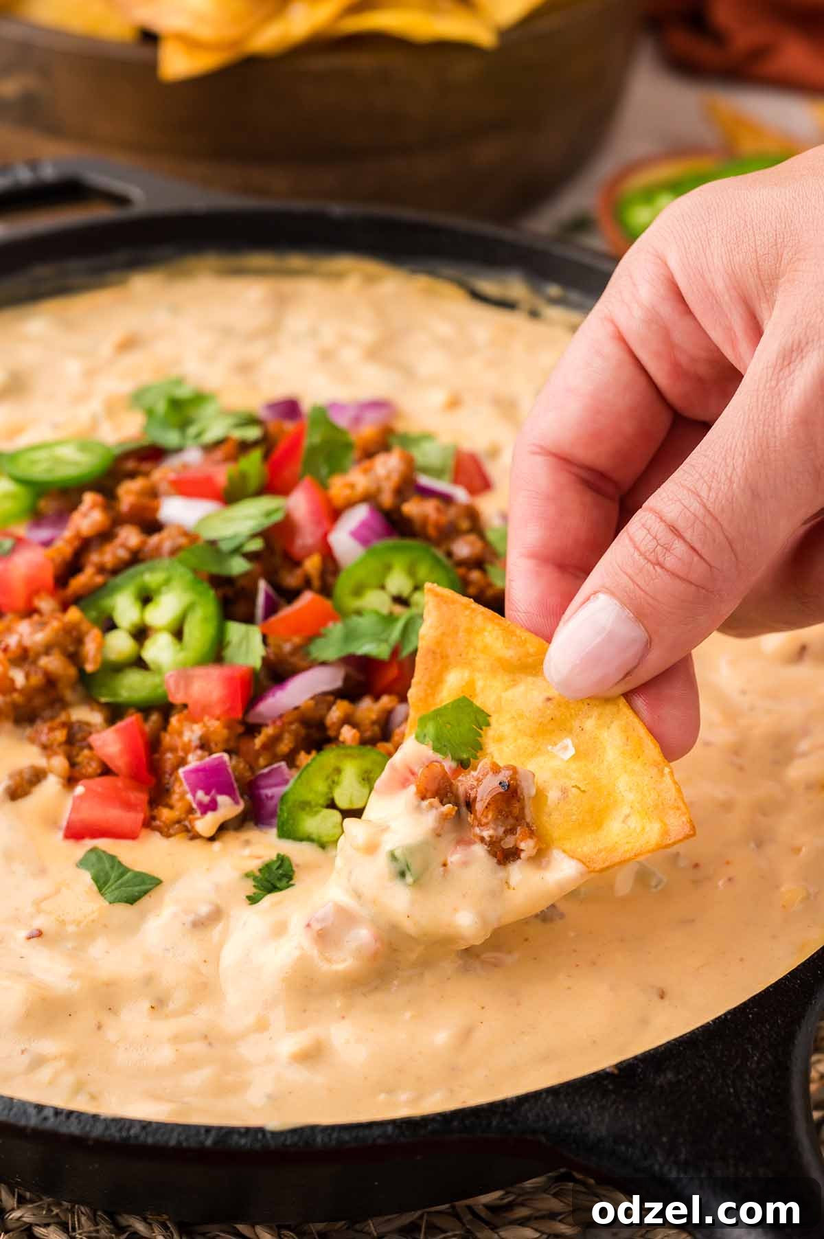 Melted Queso con Chorizo Dip Recipe for Parties 7 hand dipping tortilla chip into queso with chorizo.