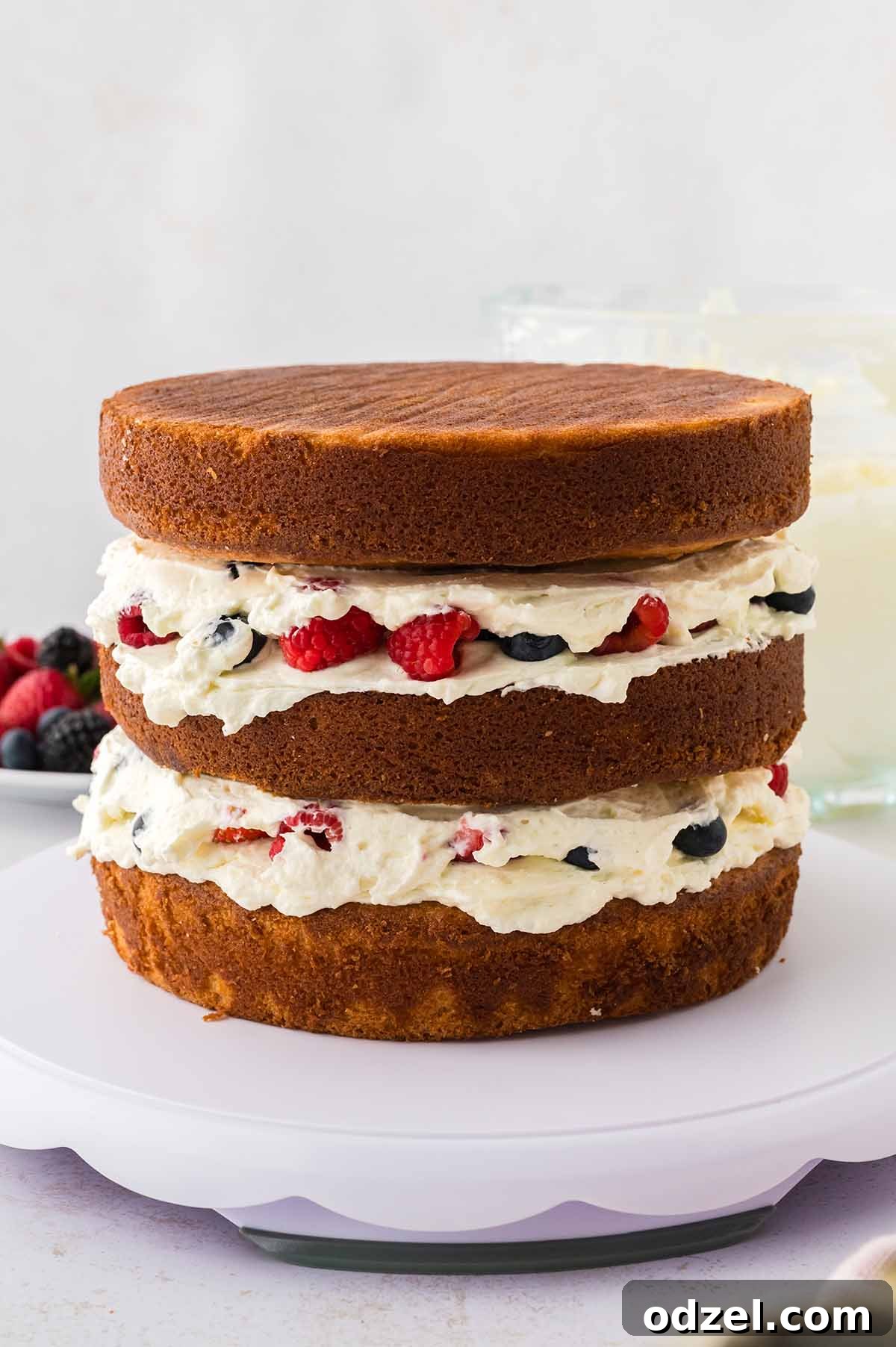Light and Creamy Chantilly Cake Recipe for Special Occasions 8 Three layer cake with frosting and berries in-between.