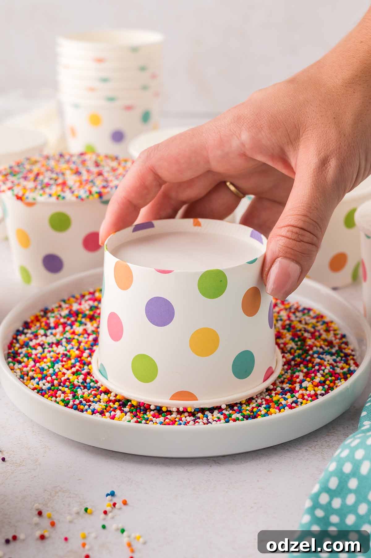 Copycat Dot Cakes Recipe: Make Classic Mini Cake Bites at Home 10 Hand pressing a polka-dot cake cup into rainbow nonpareil sprinkles.