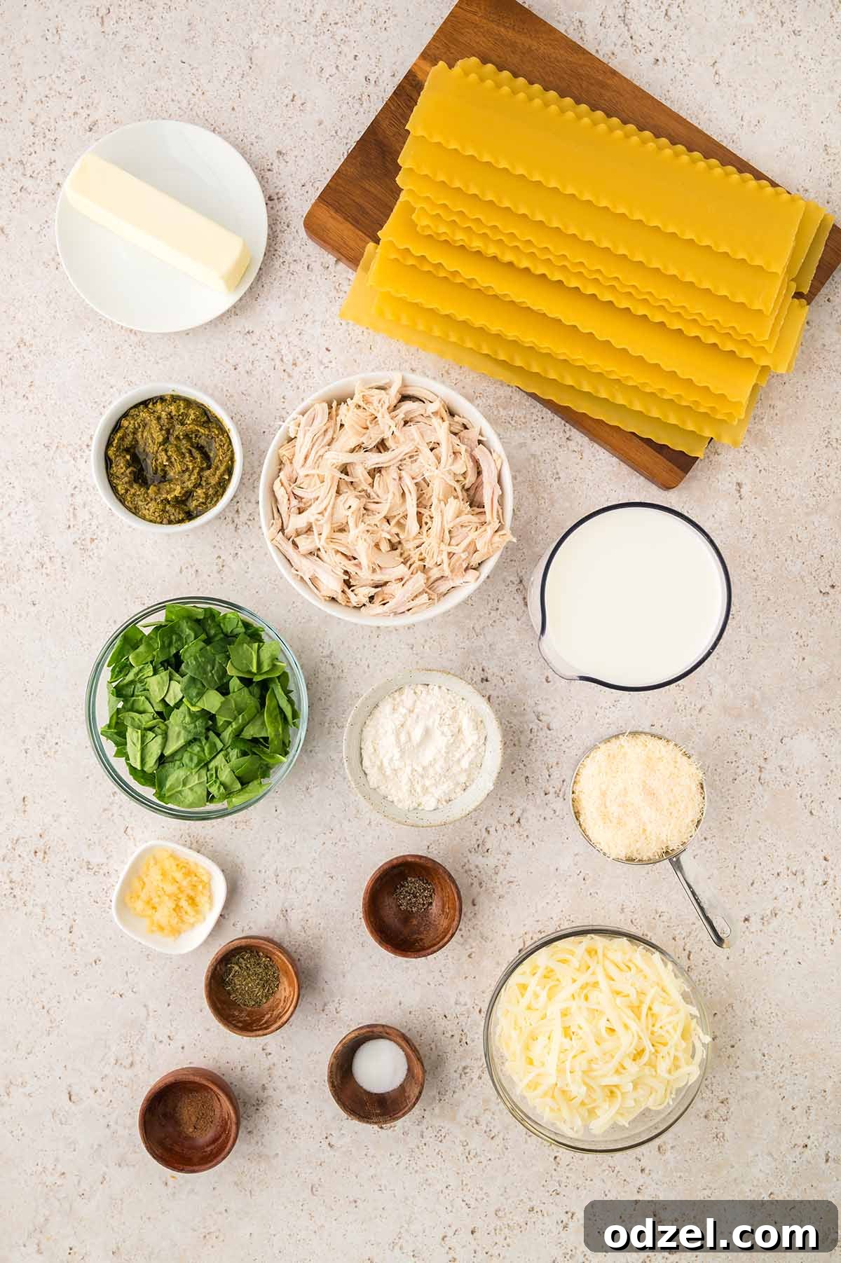 Creamy Pesto Chicken Lasagna Recipe 4 Lasgana noodles, chicken, pesto, spinach, spices, butter, cheese, milk, flour, and spices.