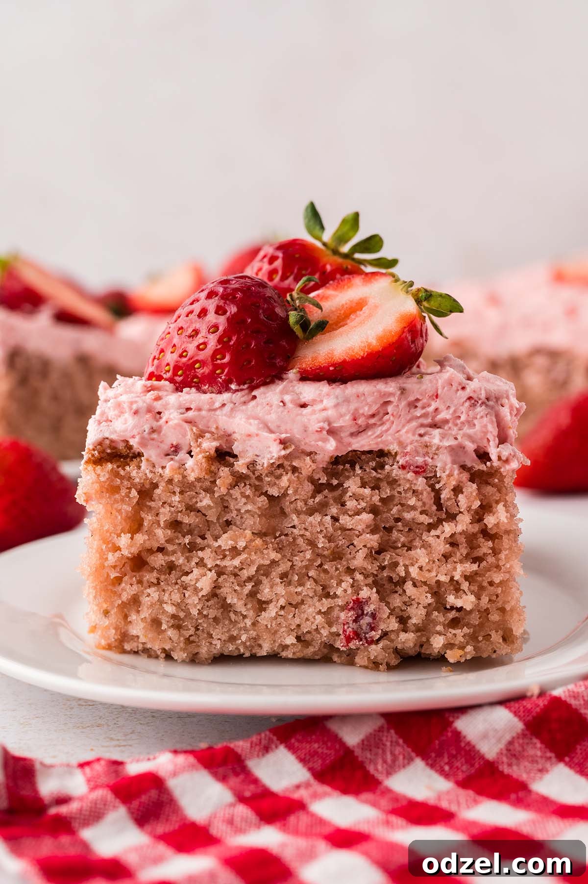 Moist Fresh Strawberry Sheet Cake Recipe 3 A slice up close.