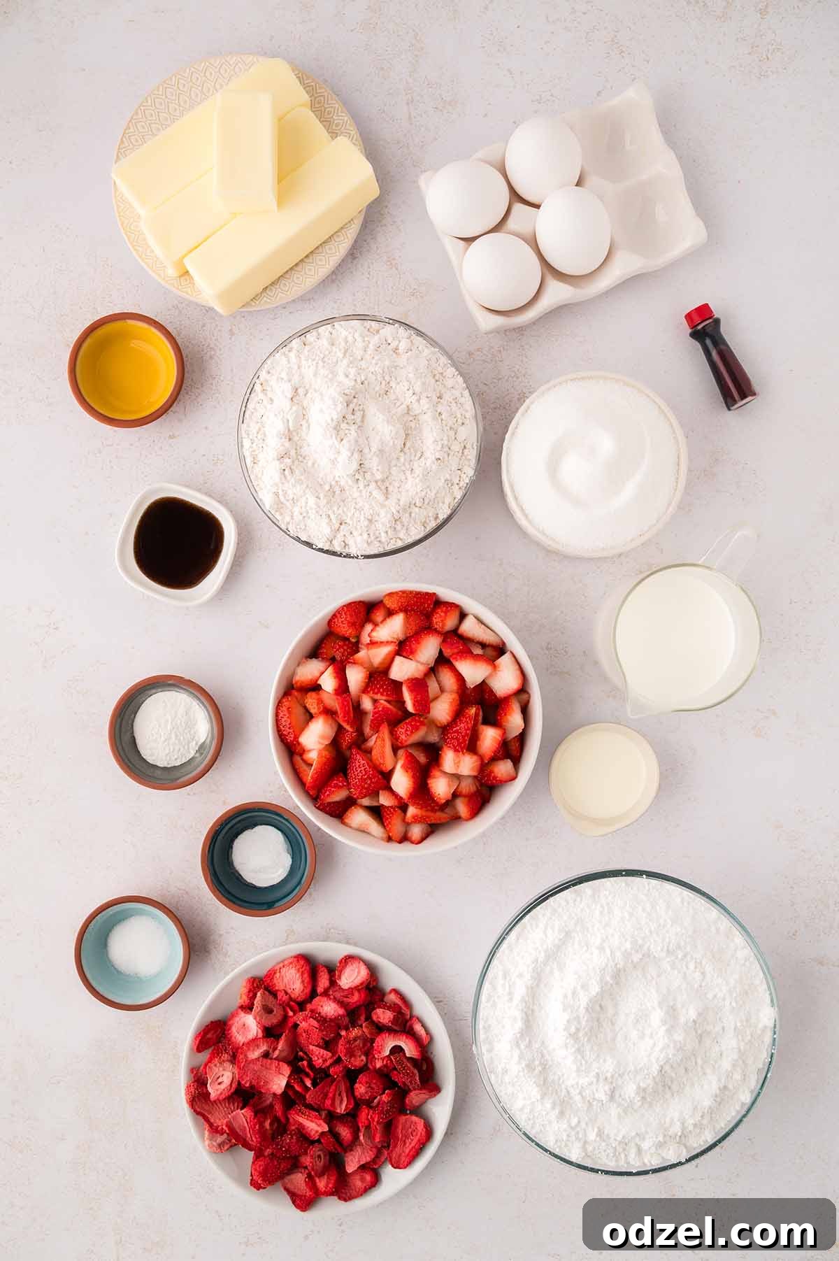 Moist Fresh Strawberry Sheet Cake Recipe 4 Butter, eggs, flour, food coloring, sugar, vanilla extract, fresh strawberries, buttermilk, freeze dried strawberries, salt, and leaving agents.