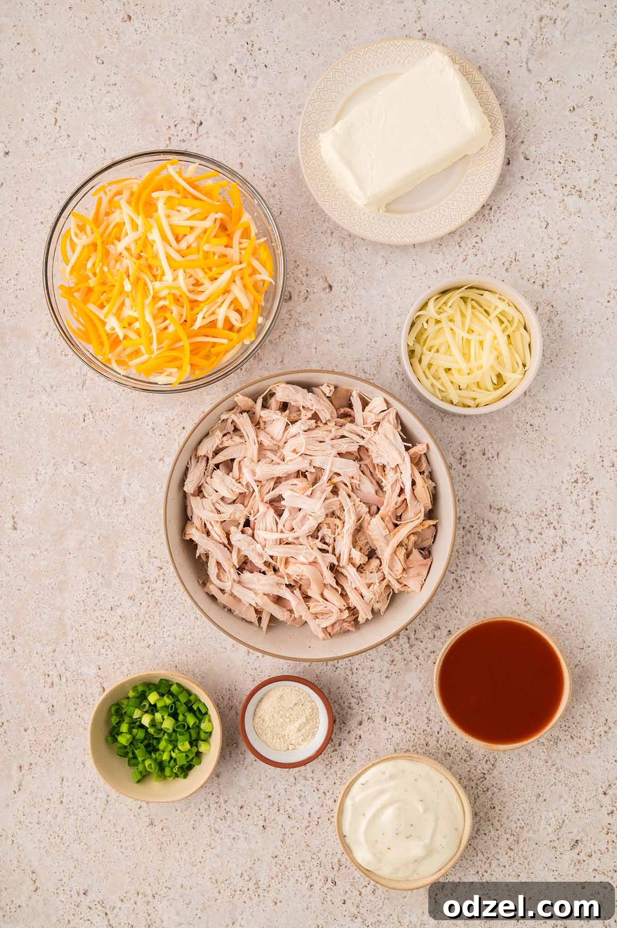 Classic Buffalo Chicken Dip Recipe 3 cheese, shredded chicken, scallions, hot sauce, ranch seasoning, and ranch dressing.