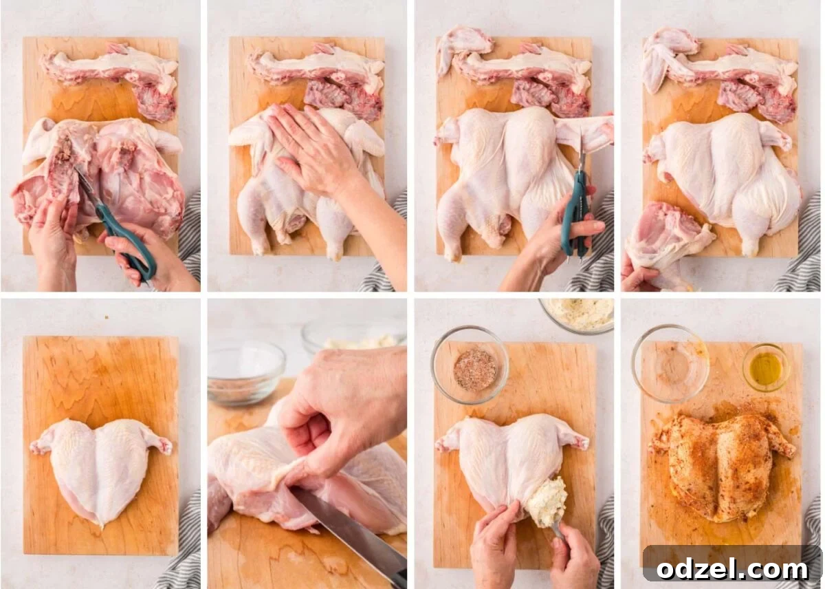 Copycat Ruth's Chris Stuffed Chicken Recipe 4 eight photo collage showing how to butterfly the chicken, season it, and stuff it.