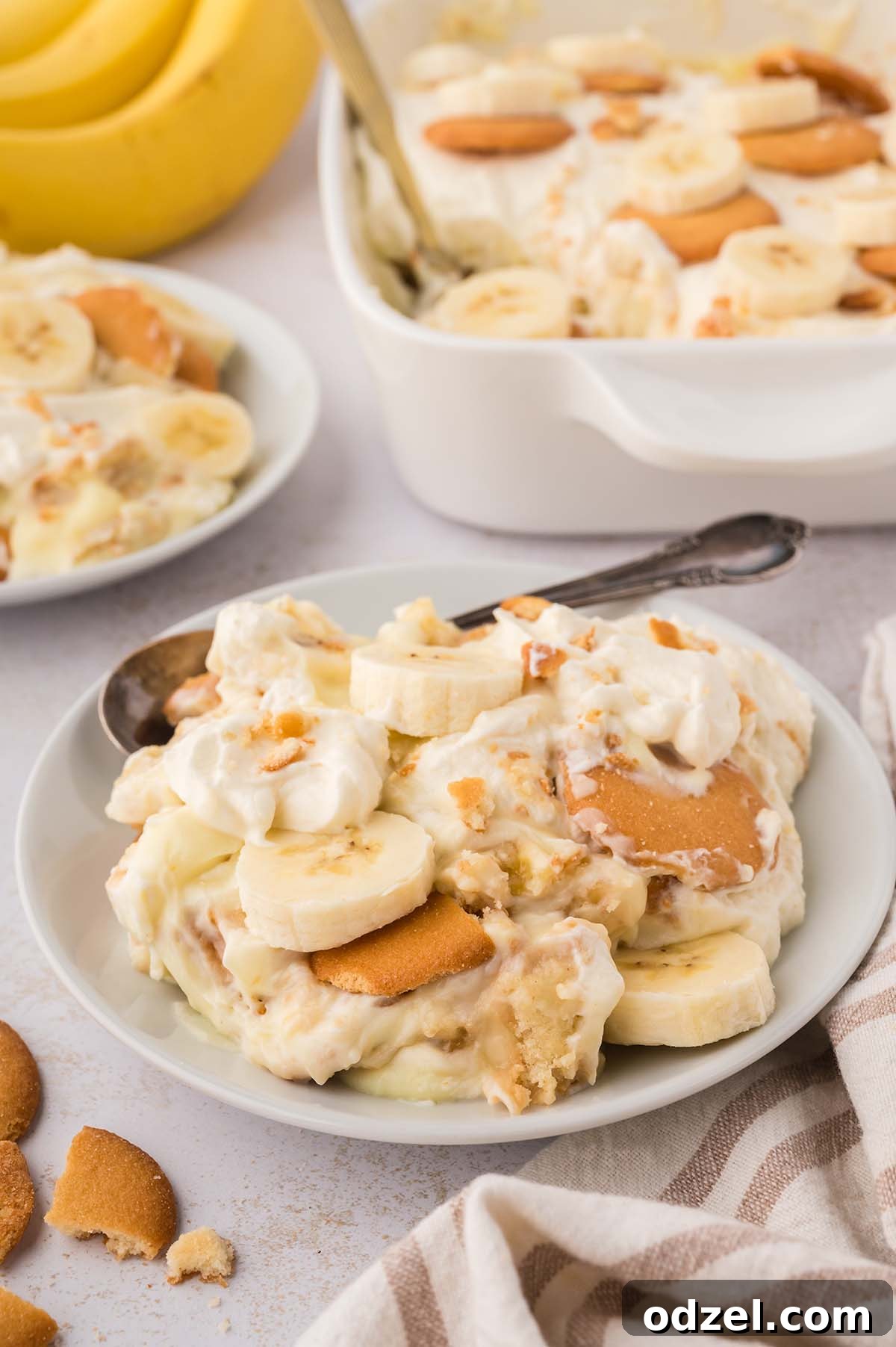 Southern Classic Banana Pudding Recipe 3 banana pudding on a white plate with a spoon on the side.