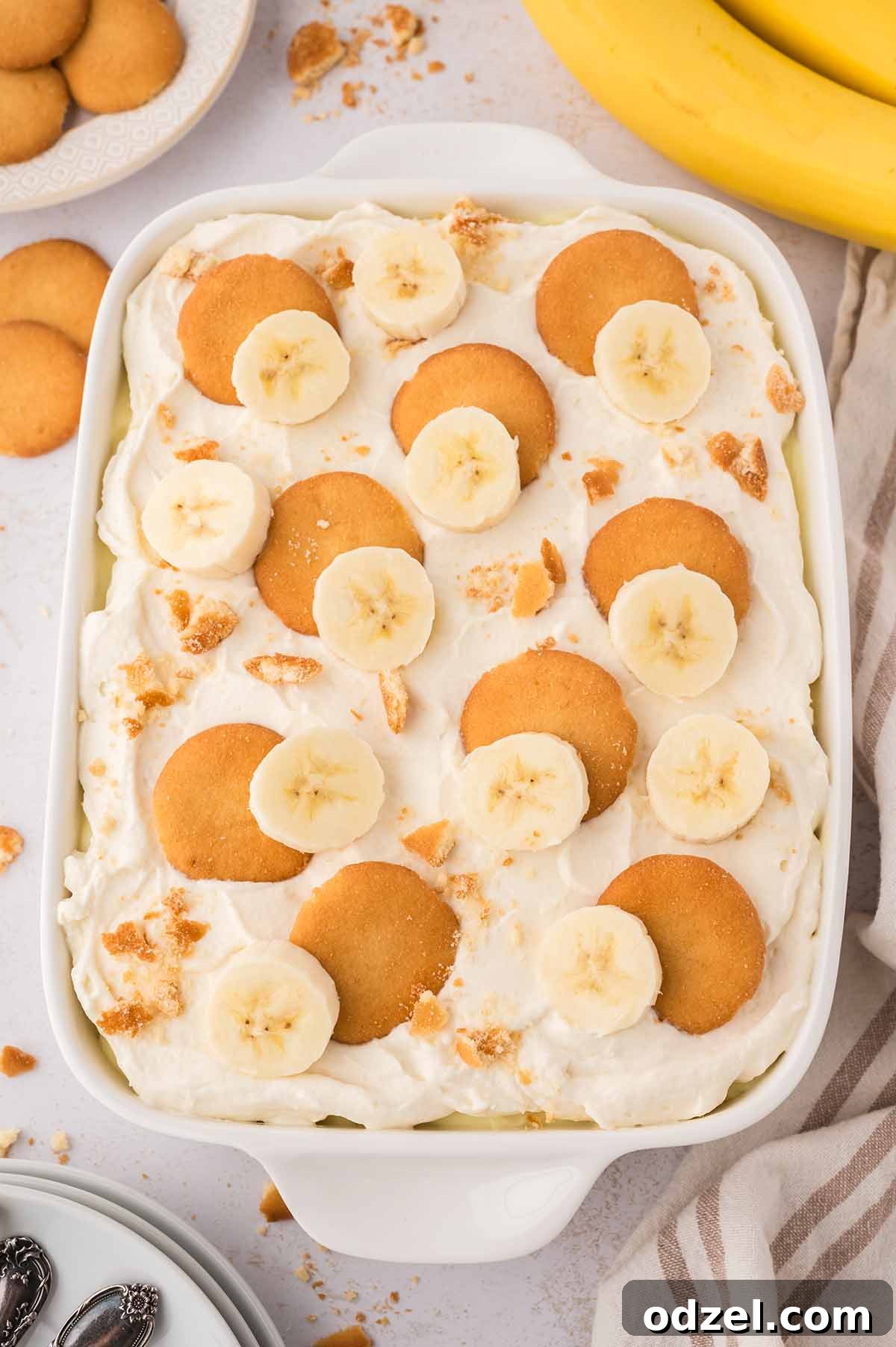 Southern Classic Banana Pudding Recipe 10 A white serving dish filled with creamy banana pudding, topped with fresh banana slices and vanilla wafers.