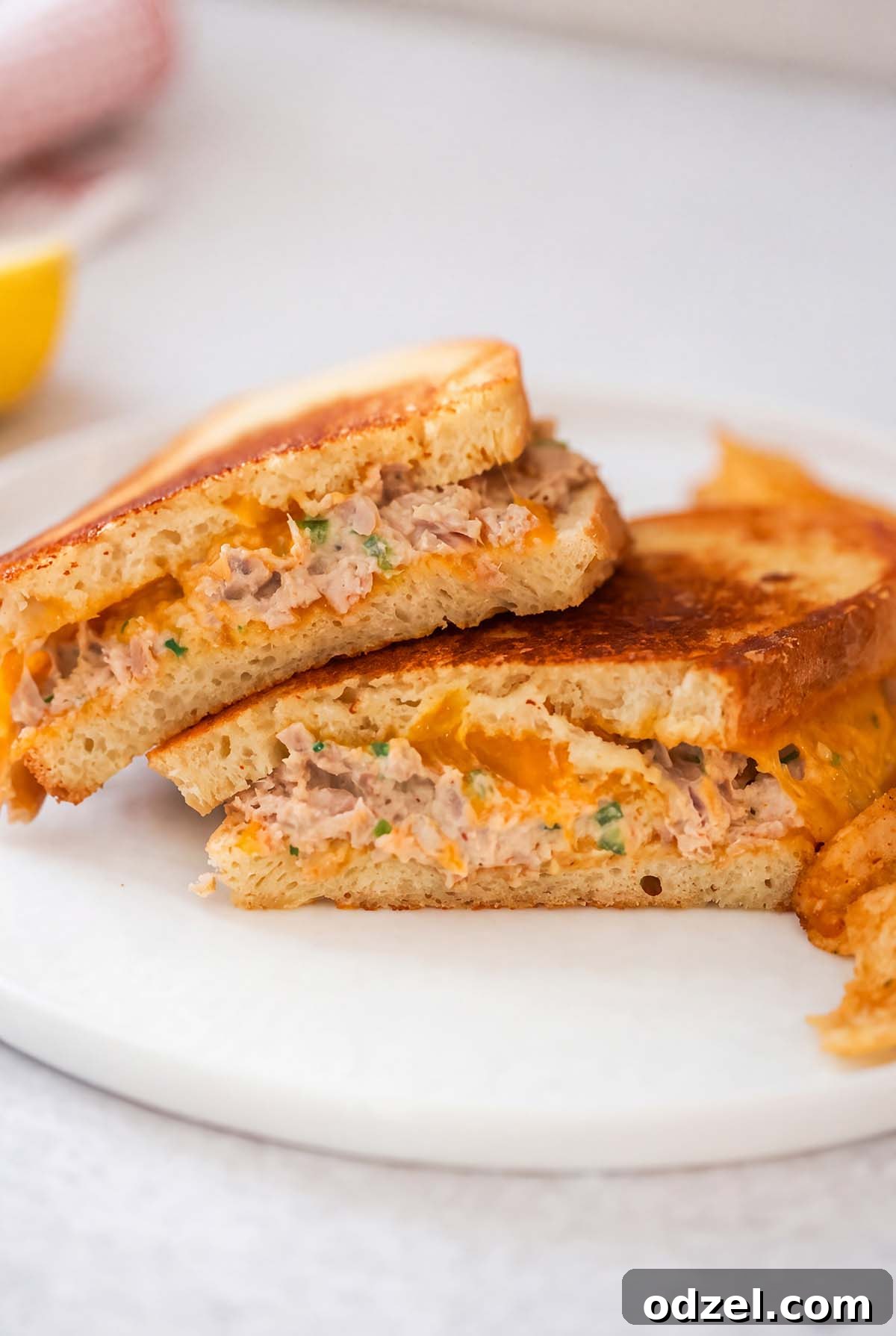 Crispy Spicy Tuna Melt with Sriracha Aioli 2 Spicy tuna melt sandwiches on a white plate.