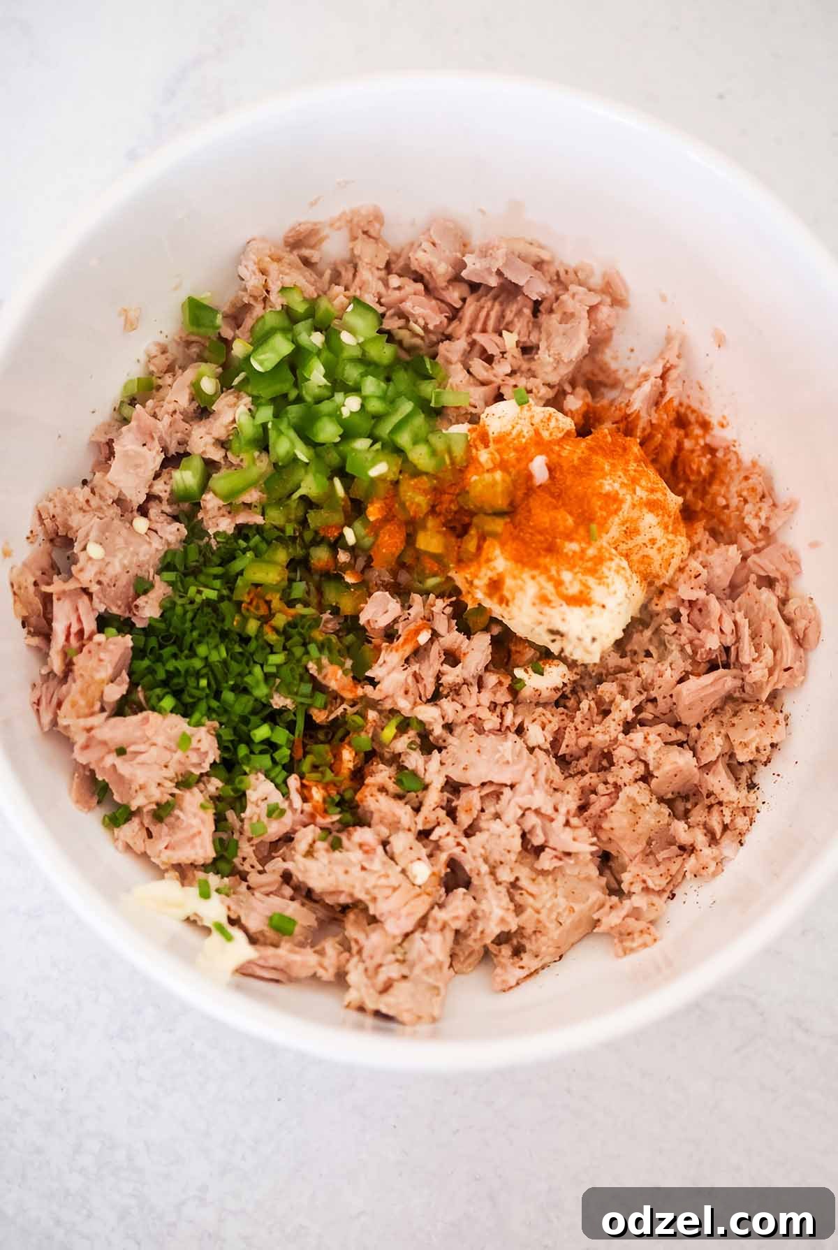 Crispy Spicy Tuna Melt with Sriracha Aioli 3 canned tuna, mayo, jalapeños, chives, and cayenne pepper in a white bowl.