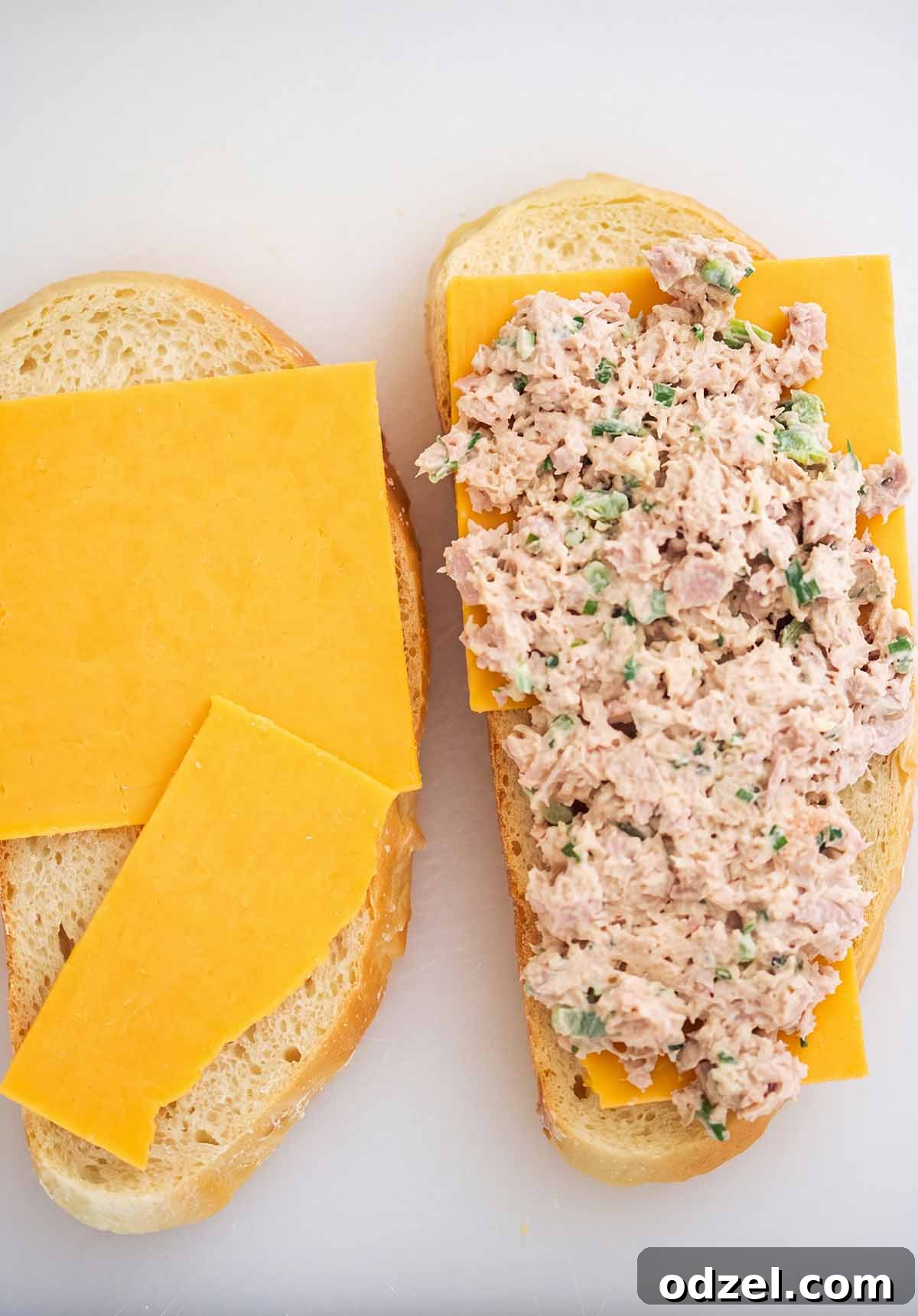 Crispy Spicy Tuna Melt with Sriracha Aioli 5 two slices of bread with cheddar cheese and tuna salad on one slice.