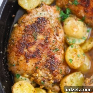 Roasted chicken thighs and potatoes in a cast iron skillet.