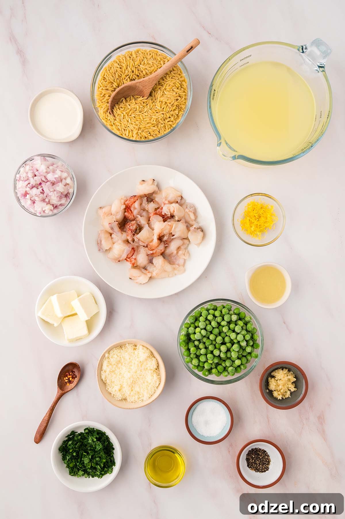 Creamy Lemon Garlic Lobster Orzo Recipe 3 raw lobster tail meat, stock, lemon juice and zest, peas, butter, spices, orzo, parsley, garlic, and cream.