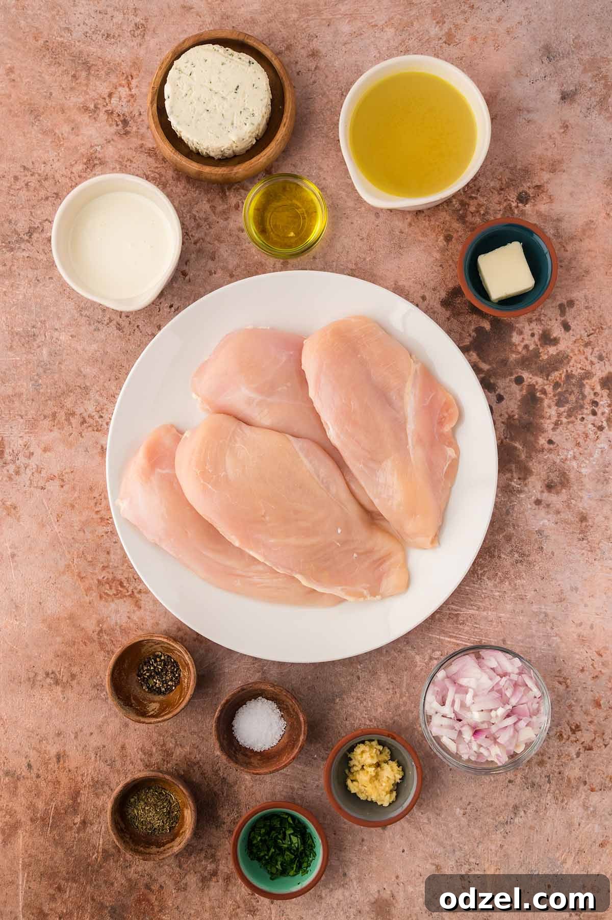 raw chicken breasts, butter, oil, Boursin cheese, cream, garlic, shallots, spices, and herbs.
