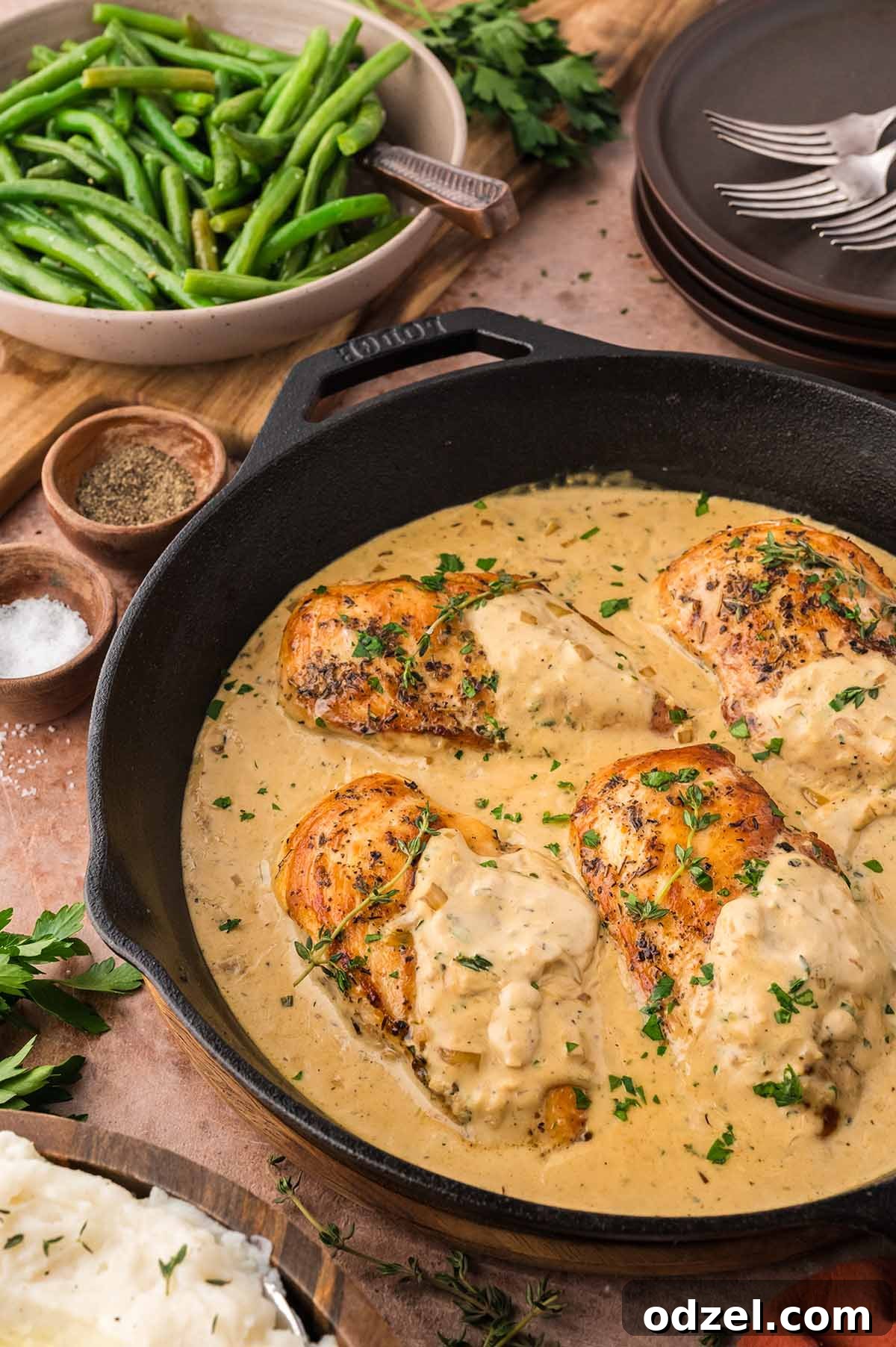Boursin chicken in a skillet with a bowl of green beans on the side.